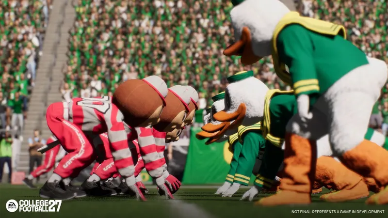 Mascottes de Ohio State et Oregon alignées avant le snap dans College Football 27 Mascot Mashup