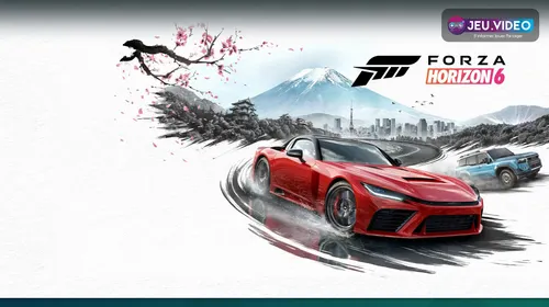 Forza Horizon 6 montrant le Japon, le logo du jeu et deux voitures de couverture