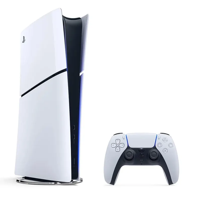 White PlayStation console standing upright beside a white and black controller.