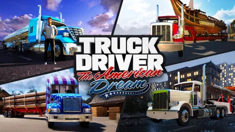Truck Driver Steam montrant le camion américain et le logo du jeu sur fond routier