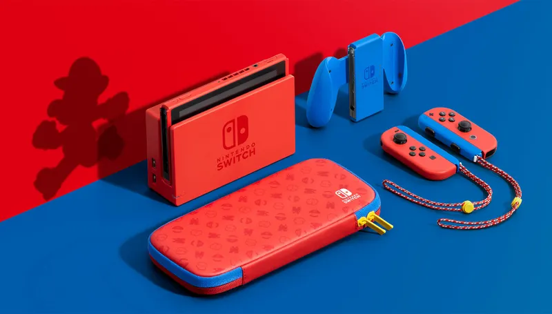 Annonces Nintendo pour les 35 ans de Mario - Switch bleue et rouge