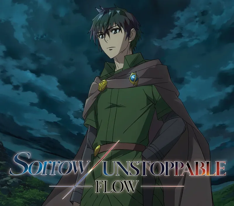 Personnage de style anime aux cheveux sombres, vêtu d’une tunique verte et d’une cape, sous un ciel nocturne nuageux. Le texte « Sorrow / UNSTOPPABLE FLOW » apparaît au premier plan.