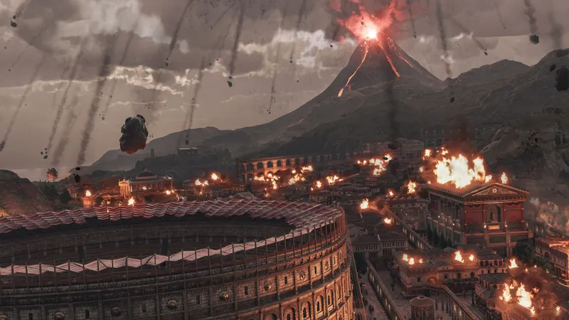 Capture officielle de Anno 117 : Pax Romana – Prophecies of Ash montrant Cinis et son contexte volcanique