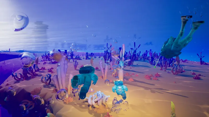 STARSEEKER montrant une expédition coopérative sur une planète colorée