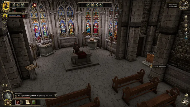 Intérieur de cathédrale dans The Guild 3 avec boîte de donation pour améliorer la réputation