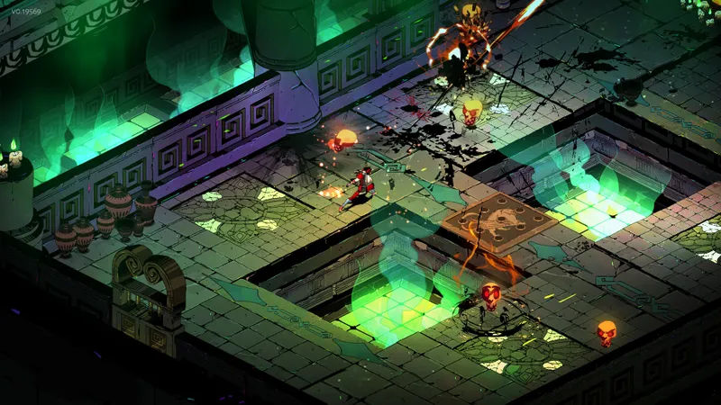 Hades combat scene with Zagreus using a weapon against enemies