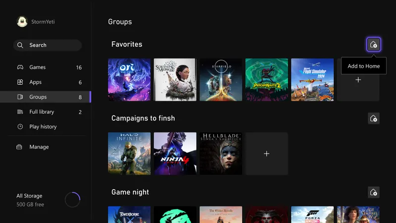 Groupes Xbox épinglés sur l