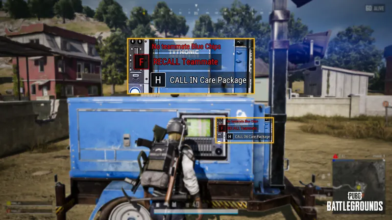 Interface de Blue Chip Tower PUBG montrant la touche F pour rappeler un équipier et la touche H pour appeler un Care Package